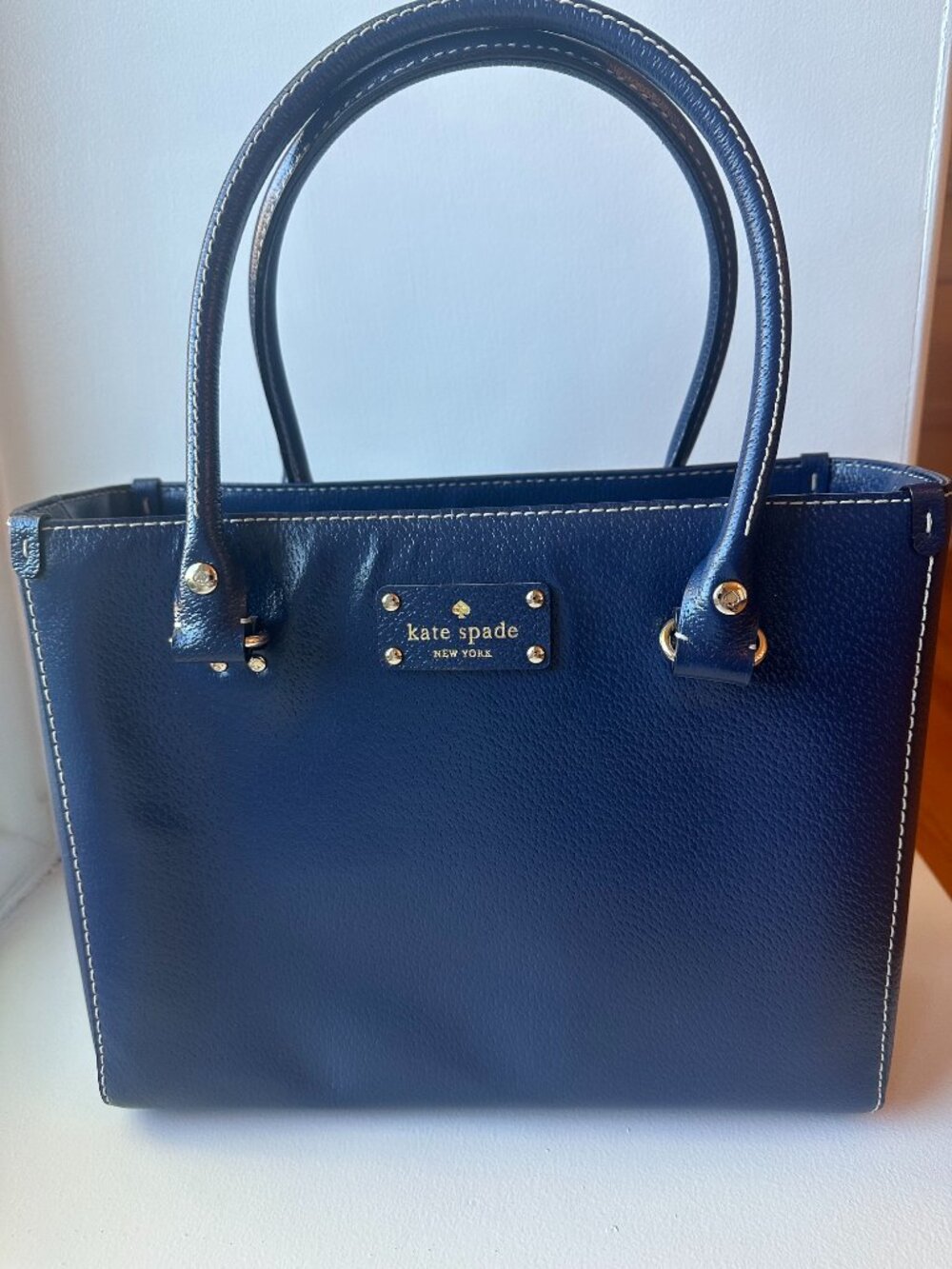 Kate Spade Wellesley Martine Large Navy Leather Tote Top Double Handle Bag EUC